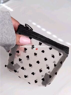 Mini Heart Print Mesh Makeup Bag - Black